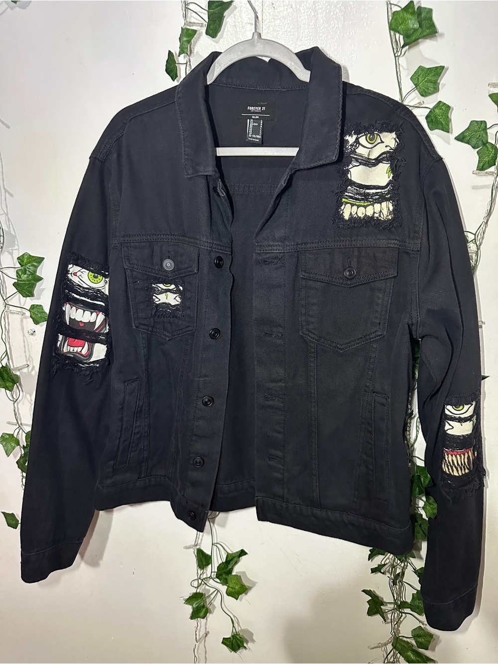 Forever 21 Black Graphic Monster Patch Denim Jacket